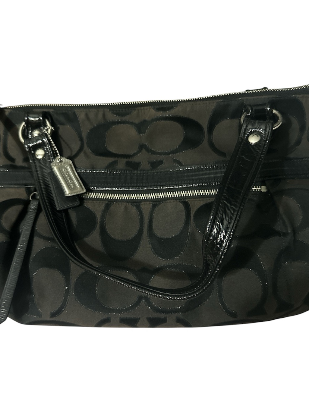 Coach Black Signature Tote With Patent Leather Trim Silver Acc Two Tags New Big